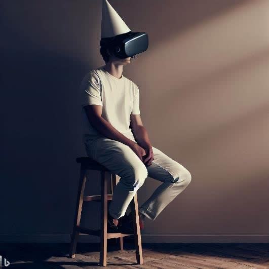 metaverse representative image: a person wearing a AR headset and sitting on a stool