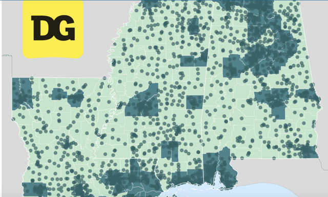 Map of Dollar General Stores across Alabama, Mississippi, and Louisiana