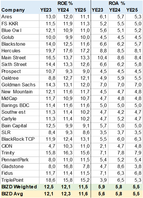BIZD Consensus ROE & ROA