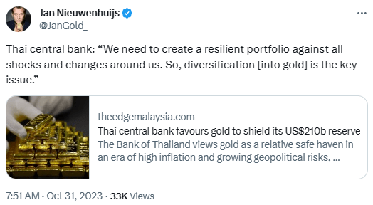 screenshot of a tweet by the author about the Thai central bank buying gold